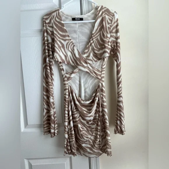 Miss Lola Tan & White Zebra Print Cut Out Mesh Mini Dress Medium - Picture 2 of 9